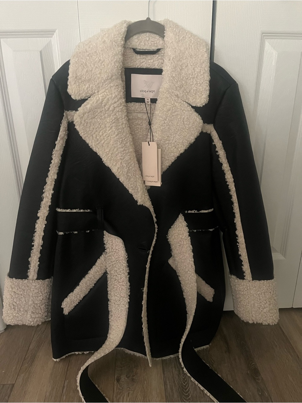 cinq a sept Black Teddy Coat with Cream Shearling Trim